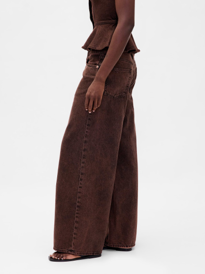 Mid Rise Denim Stripe Baggy Jeans - Dark brown