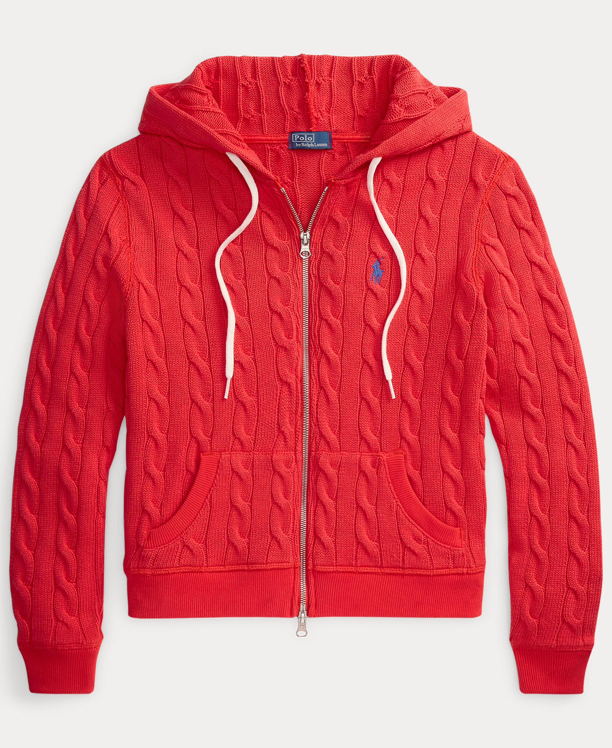 Polo Ralph Lauren Women's Cable-Knit Cotton Full-Zip Hoodie Sweater - Bright Hibiscus
