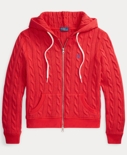 Polo Ralph Lauren Women's Cable-Knit Cotton Full-Zip Hoodie Sweater - Bright Hibiscus