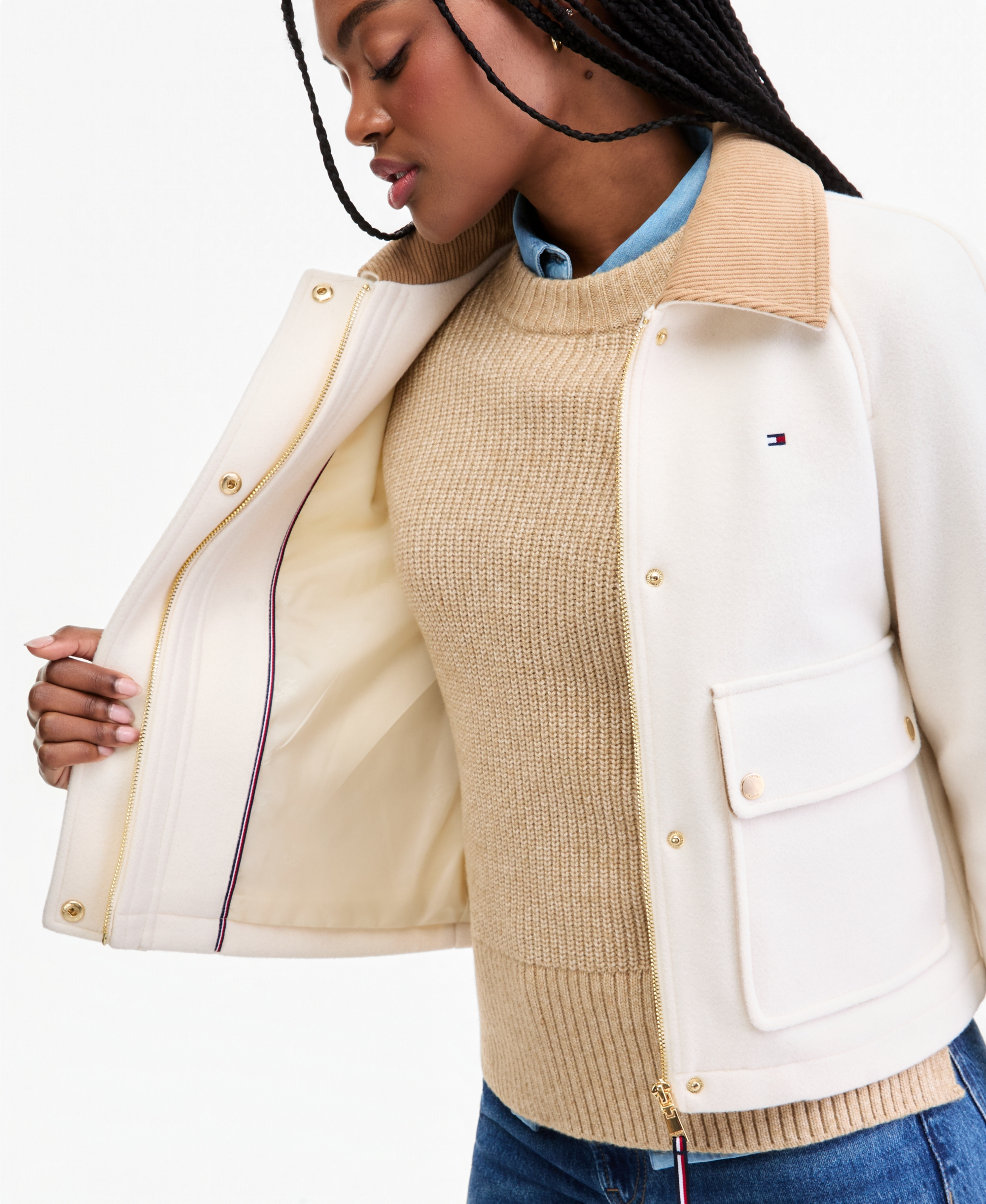 Tommy Hilfiger Women's Corduroy Collar Bomber Jacket - Cream