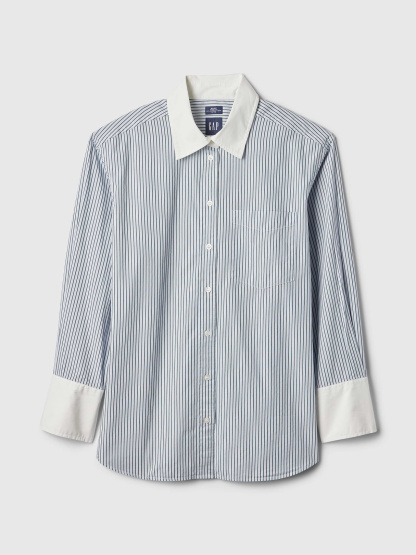 Organic Cotton Poplin Stripe Big Shirt - Blue and white stripe