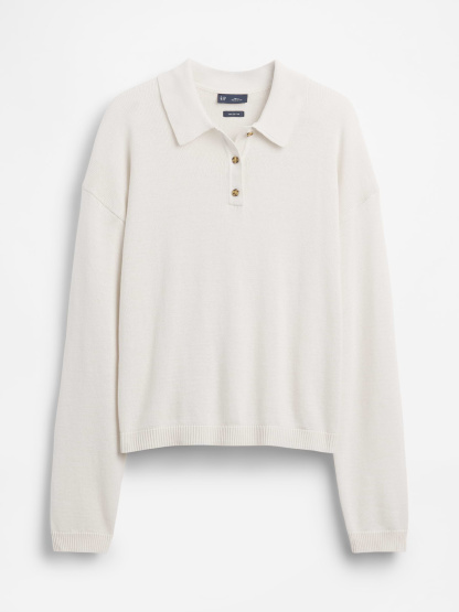 100% Cotton Relaxed Polo Sweater - Ivory beige frost