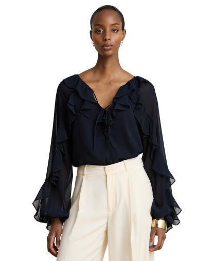 Lauren Ralph Lauren Women's Ruffle-Trim Crinkle Georgette Blouse - Lauren Navy