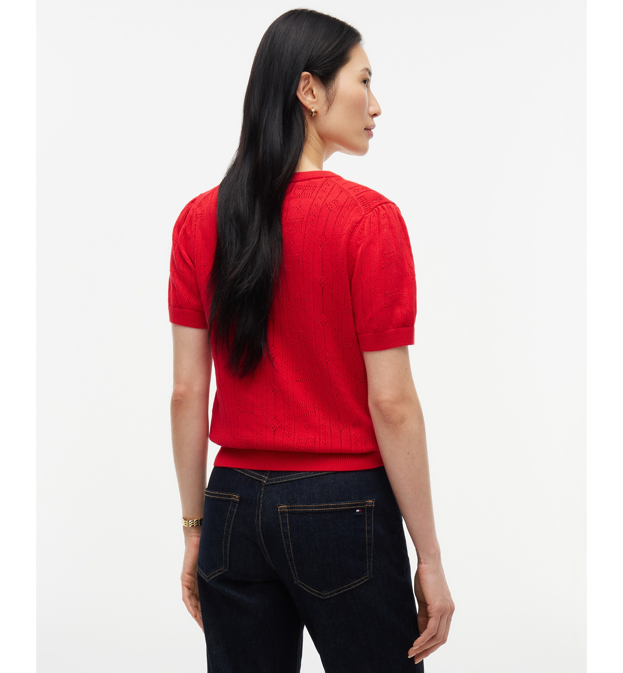 Tommy Hilfiger Women's Pointelle Puff-Sleeve Sweater - Red
