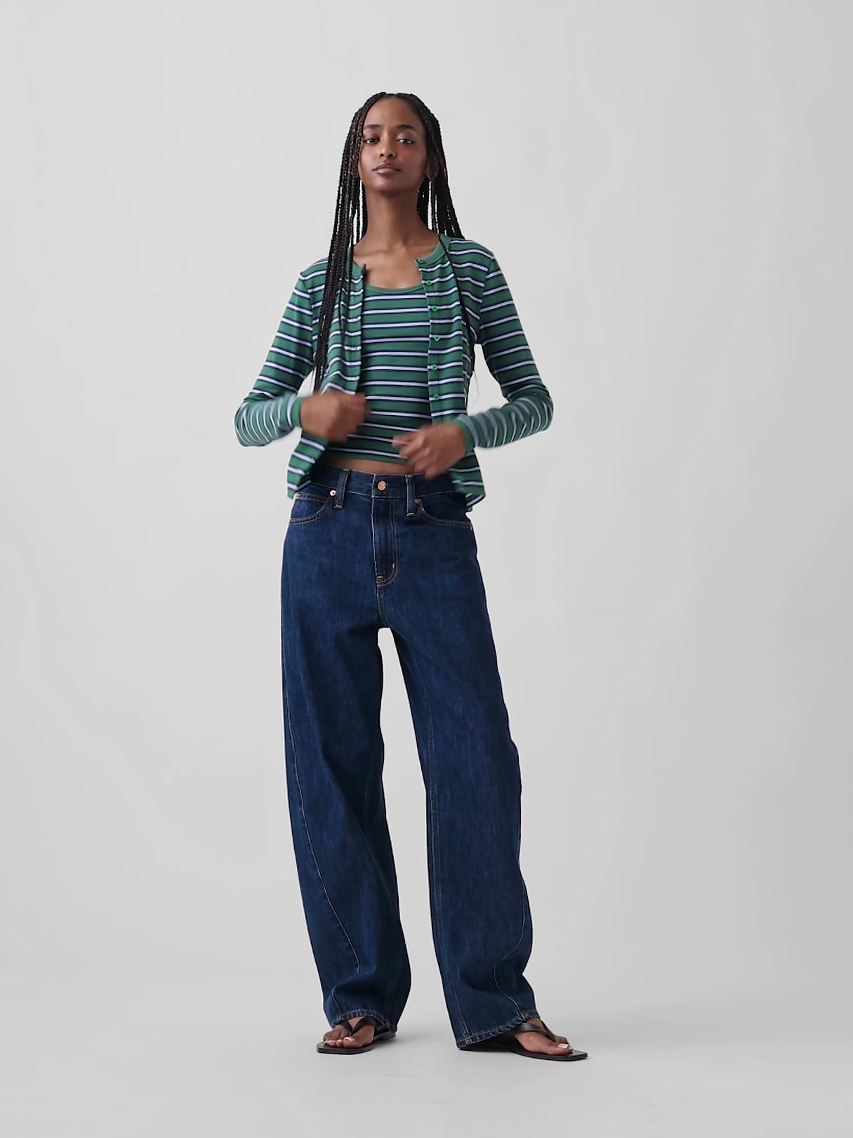 Modern Crewneck Cardigan - Green stripe