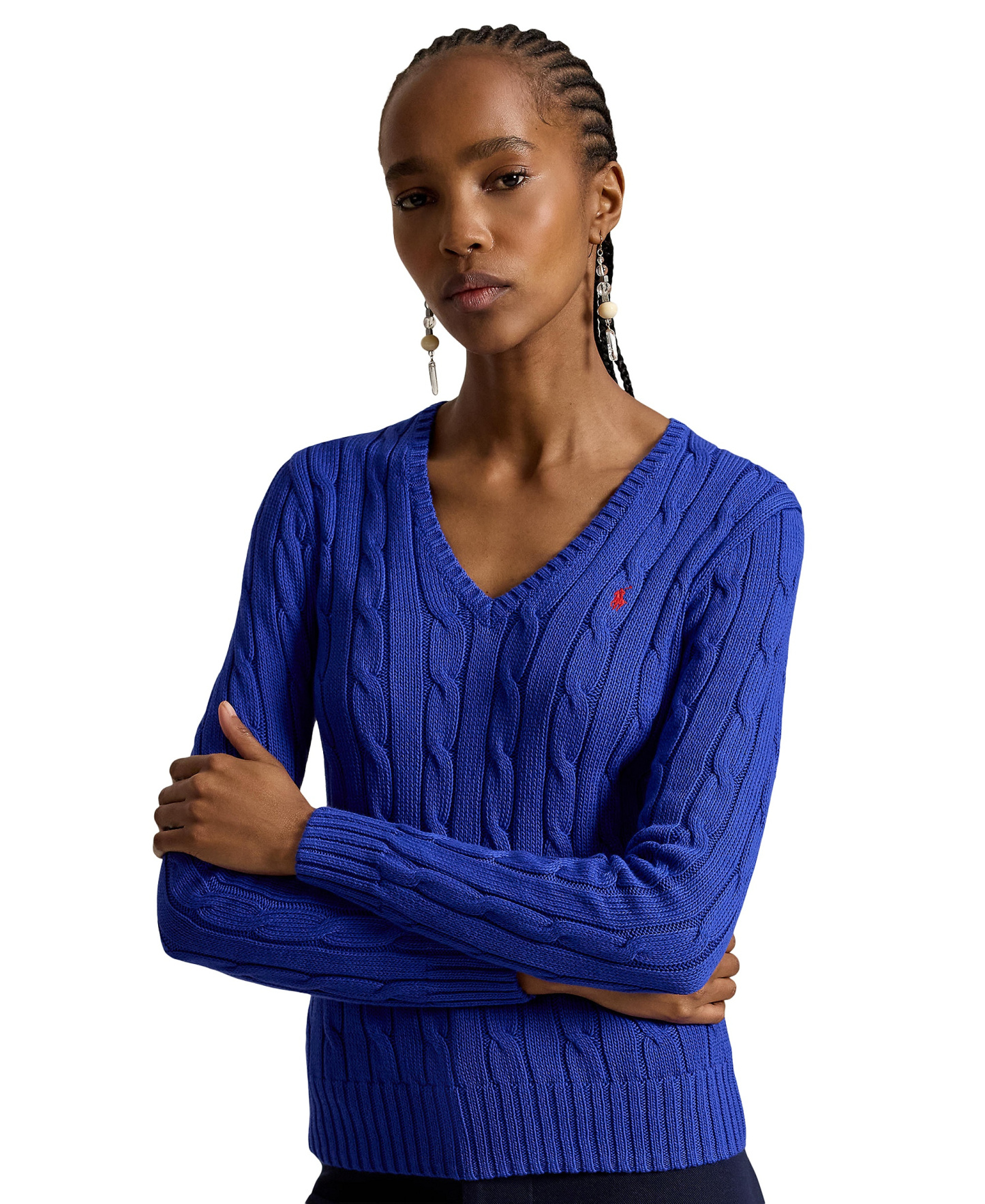 Polo Ralph Lauren Women's Cable-Knit Cotton V-Neck Sweater - Rugby Royal