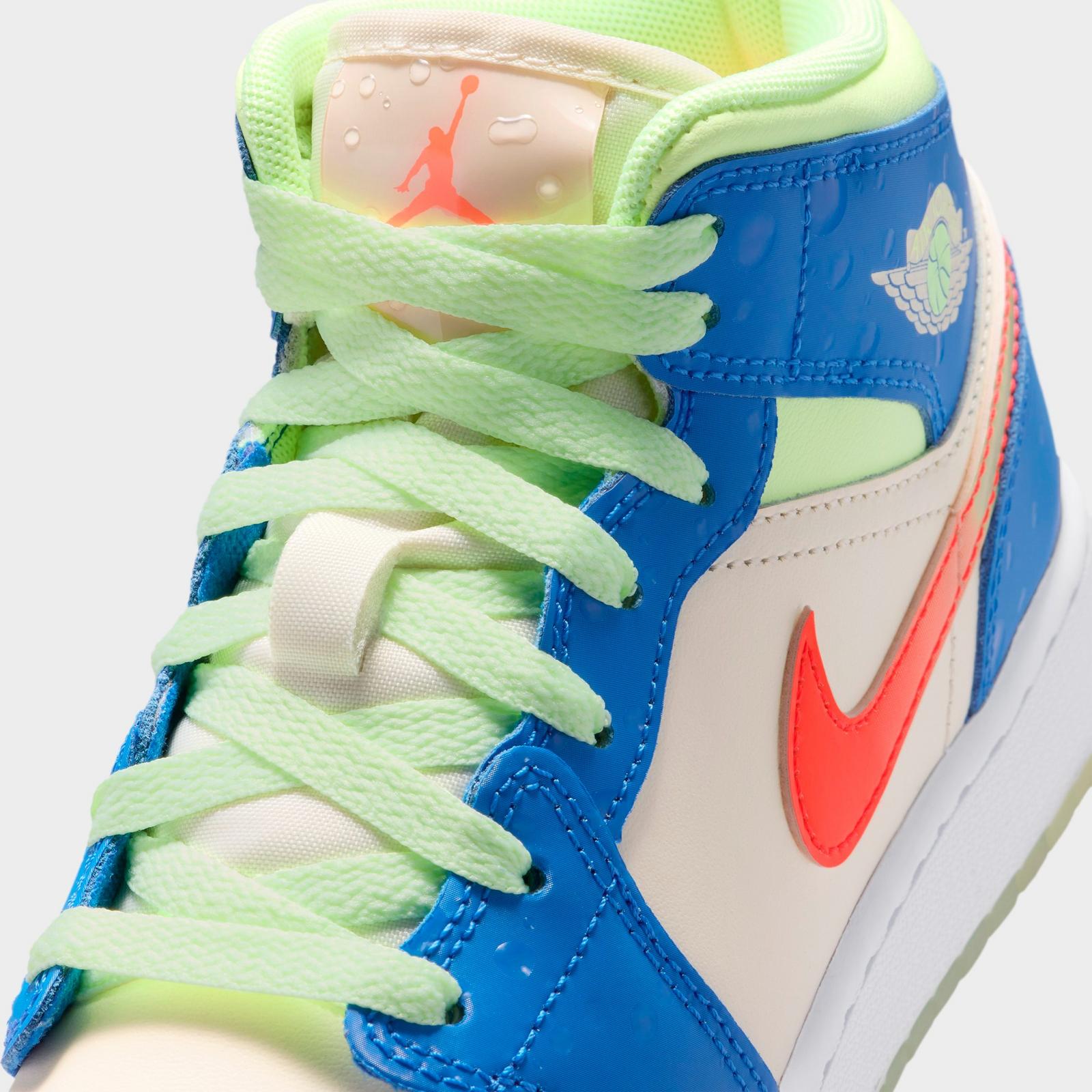 Big Kids' Air Jordan Retro 1 Mid SE Casual Shoes - Game Royal/Barely Volt/Infrared 23/Pale Ivory - Left shoe facing left. Outside of the shoe. - view 3