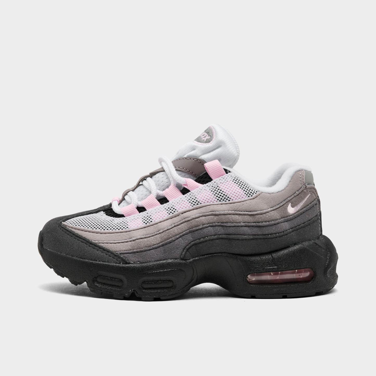 Little Kids' Nithtke Air Max 95 Premium Casual Shoes - Black/Pink Foam/White/Medium Grey - Left shoe facing left. Outside of the shoe.