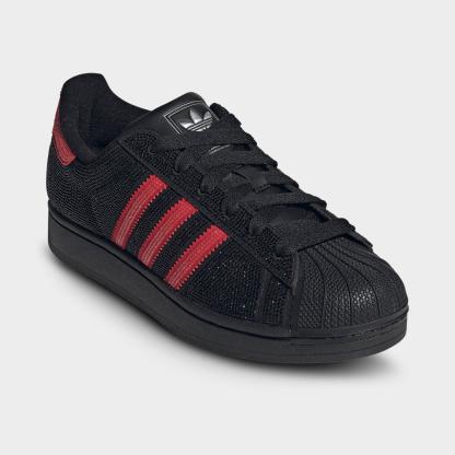 Women's adidas Originals Superstar II Casual Shoes - Core Black/Better Scarlet/Silver Metallic - Both shoes facing left