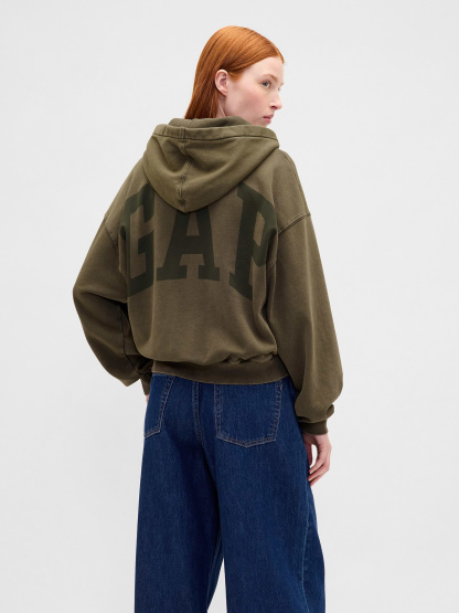 VintageSoft Crop Logo Hoodie - Black moss green wash