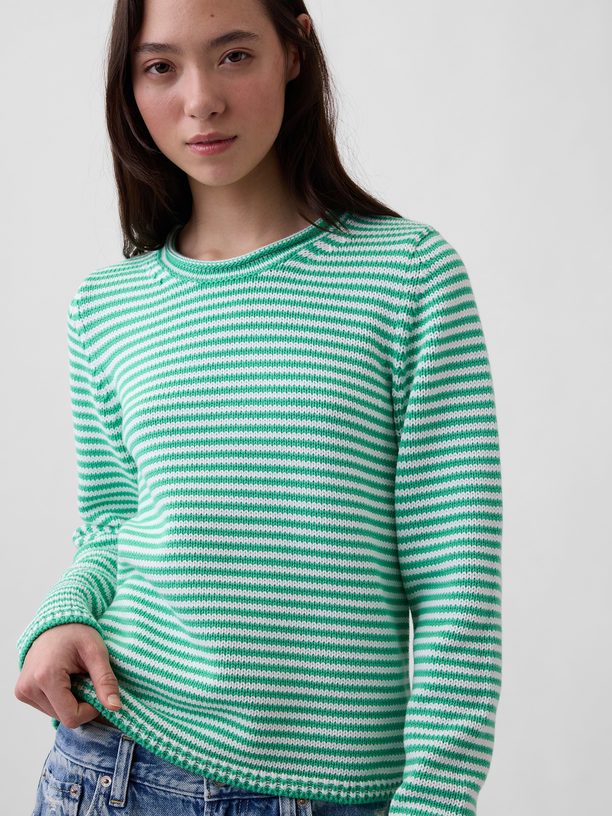 100% Cotton Rollneck Sweater - Green stripe