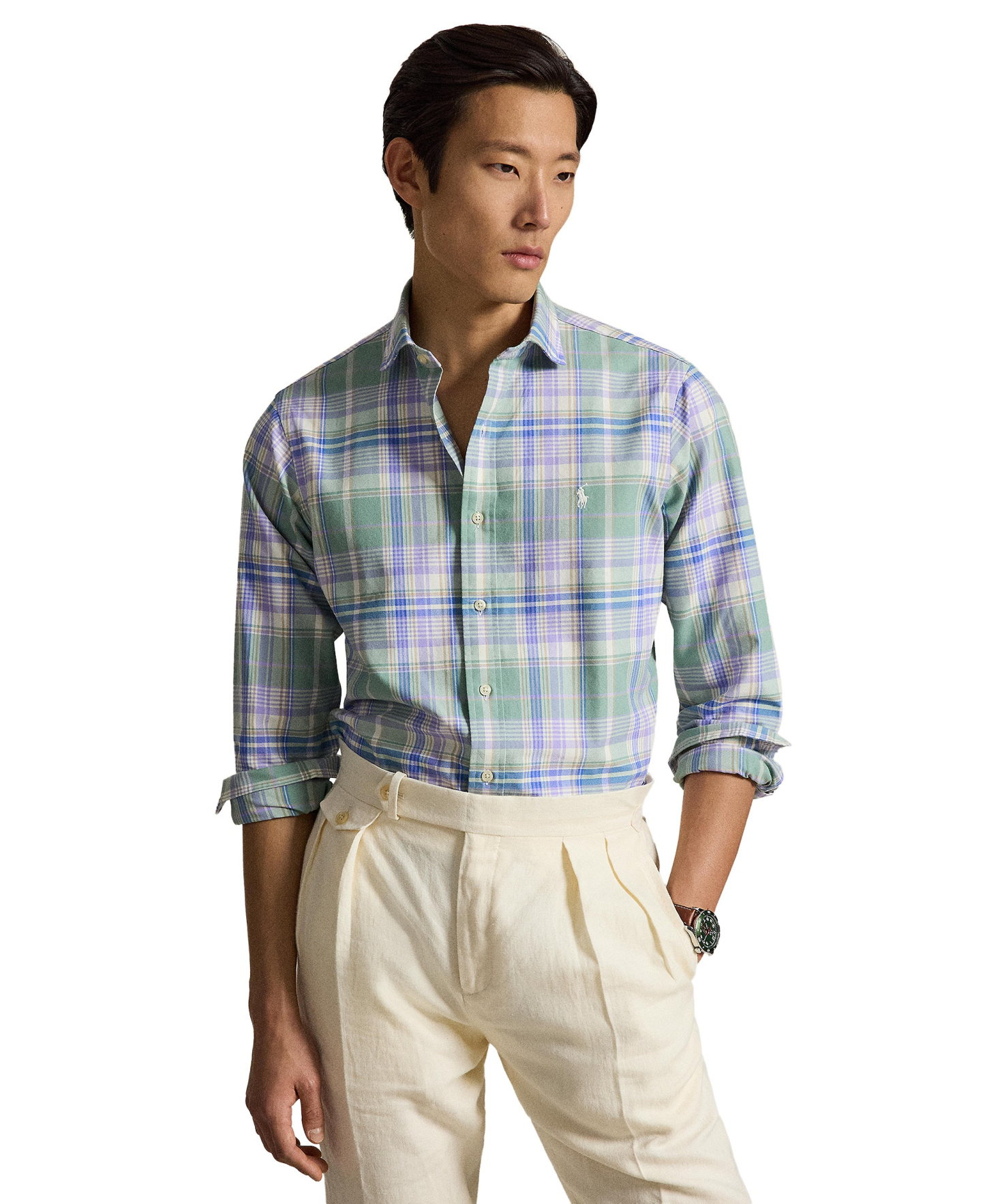 Polo Ralph Lauren Men's Classic-Fit Plaid Brushed Oxford Shirt - Faded Mint Lavender Multi