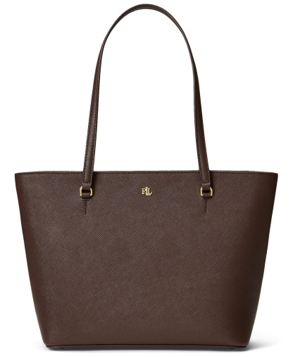 Lauren Ralph Lauren Crosshatch Leather Karly Medium Shopper Tote Handbag - Chestnut Brown