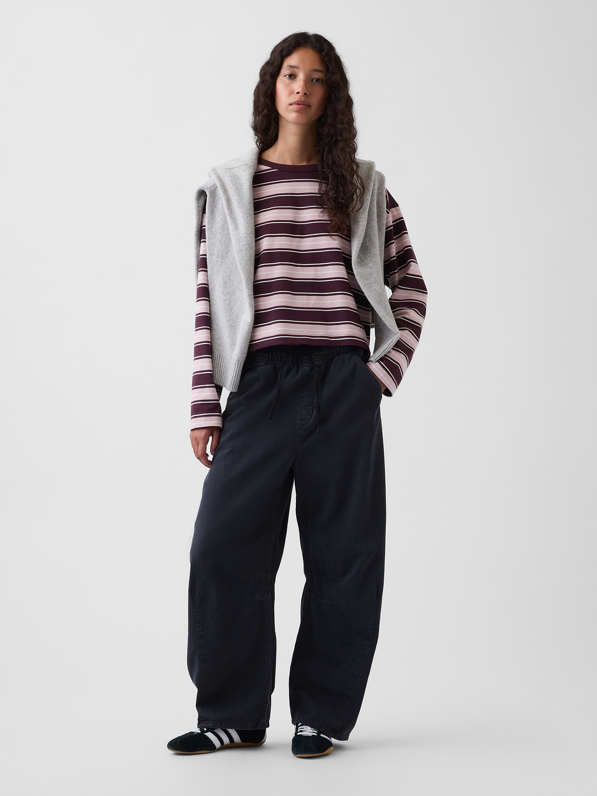 Knit Oversized Crop T-Shirt - Soft pink & burgundy stripe