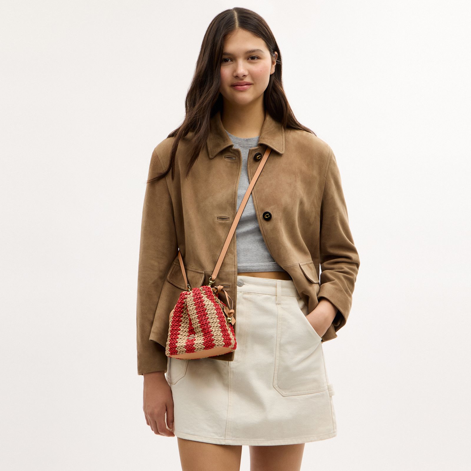 Faye Mini Drawstring Bag With Stripes - Gold/Red/Tan - view 10