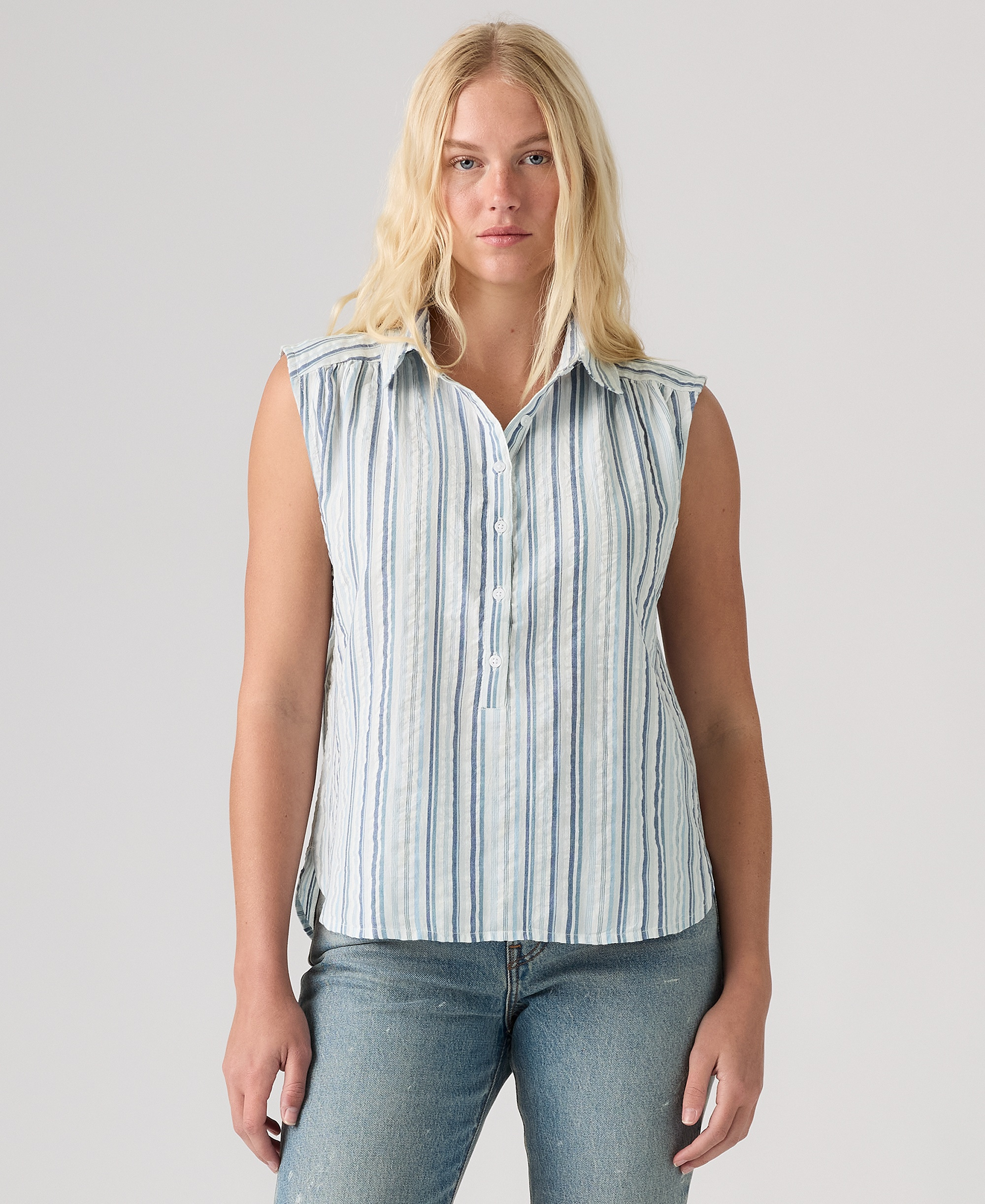 Levi's Women's Londynn Point Collar Relaxed-Fit Top - Rhonda Stripe Glacier Lake