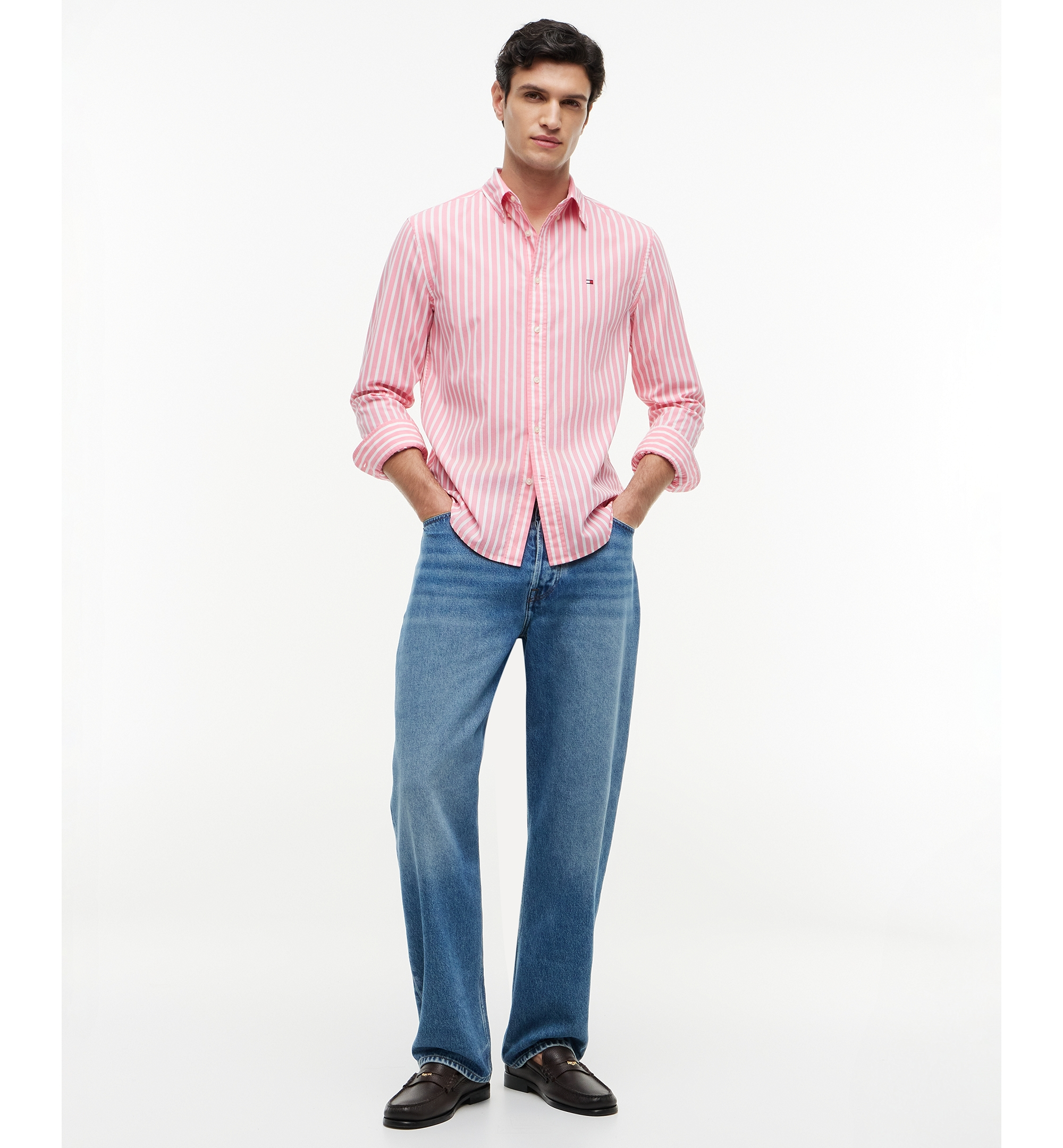 Tommy Hilfiger Regular-Fit Men's Flex Poplin Stripe Shirt - Pink / Stripe
