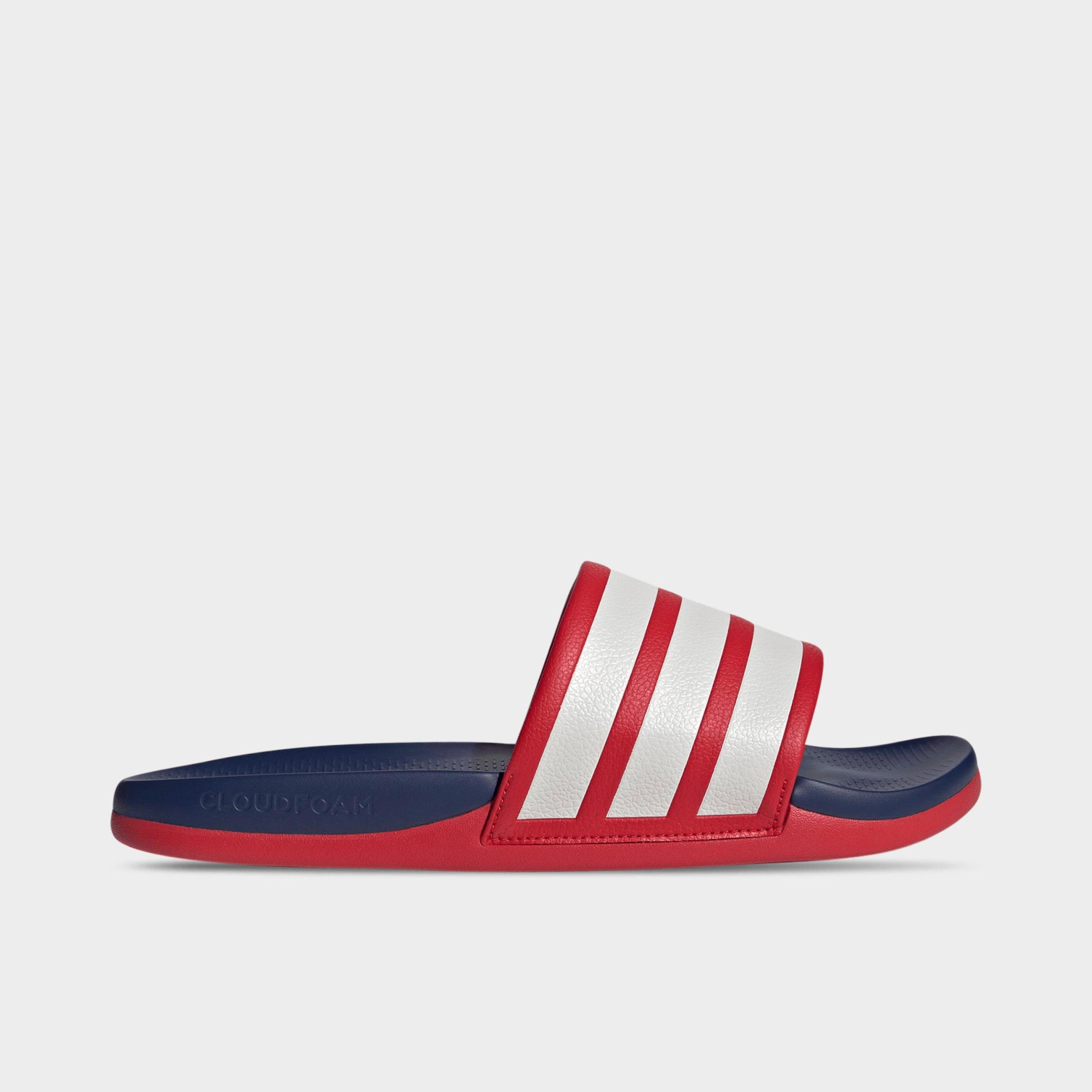 Women's adidas Adilette Comfort 2.0 Slide Sandals - Better Scarlet/Crystal White/Dark Blue - Left shoe facing left. Outside of the shoe.