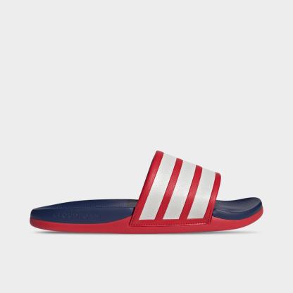 Women's adidas Adilette Comfort 2.0 Slide Sandals - Better Scarlet/Crystal White/Dark Blue - Left shoe facing left. Outside of the shoe.