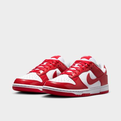Women's Nithtke Dunk Low SE Casual Shoes - White/Metallic Silver/University Red - Both shoes facing left