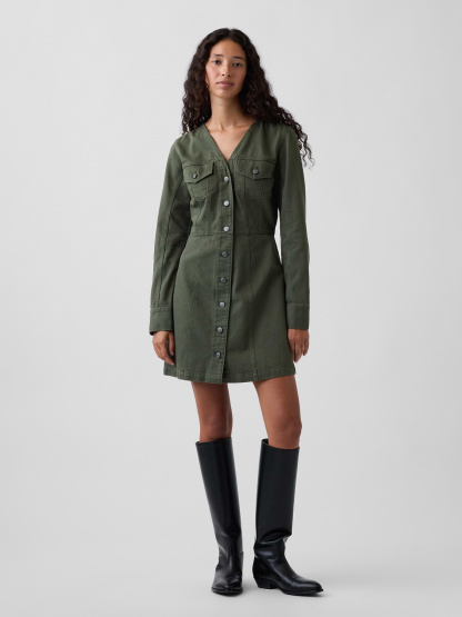 V-Neck Button-Front Mini Dress - Tweed green