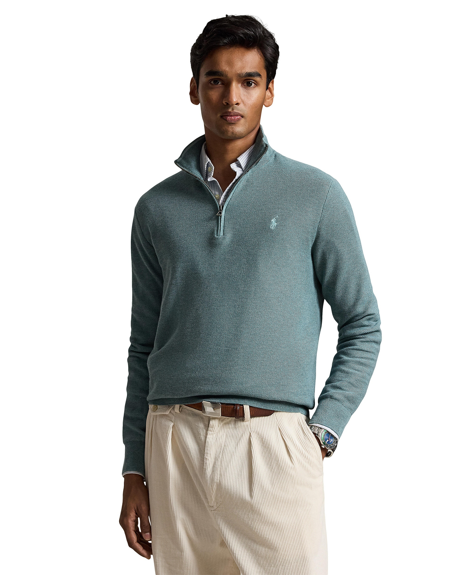 Polo Ralph Lauren Men's Mesh-Knit Cotton Quarter-Zip Sweater - Turquoise Jay Heather