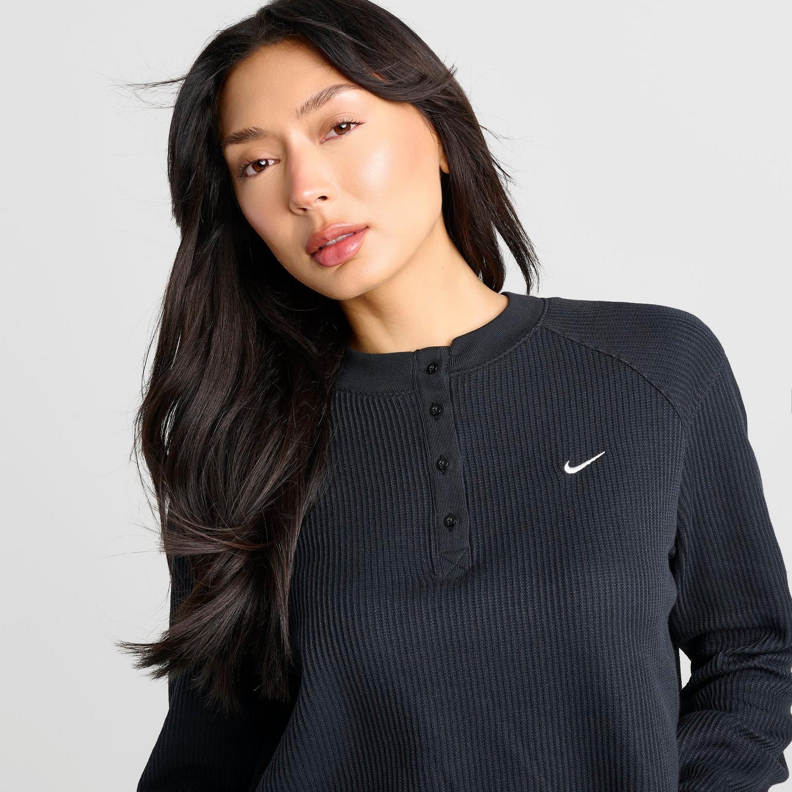Women's Nike Sportswear Chill Waffle Oversized Long-Sleeve Henley Top - Black/Sail