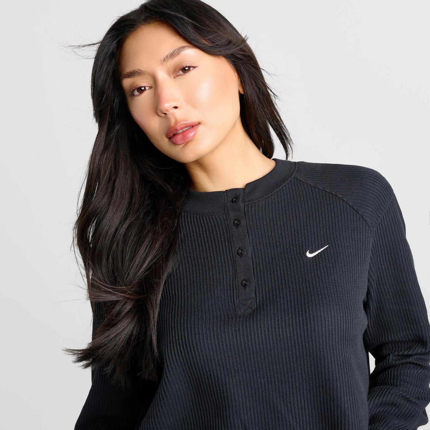 Women's Nike Sportswear Chill Waffle Oversized Long-Sleeve Henley Top - Black/Sail