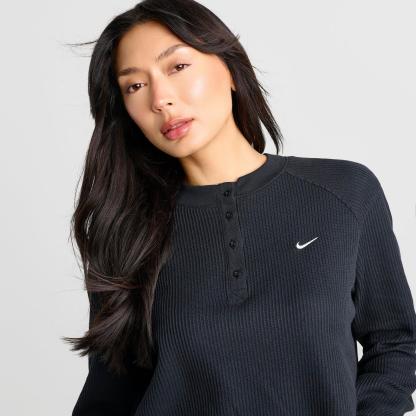 Women's Nike Sportswear Chill Waffle Oversized Long-Sleeve Henley Top - Black/Sail