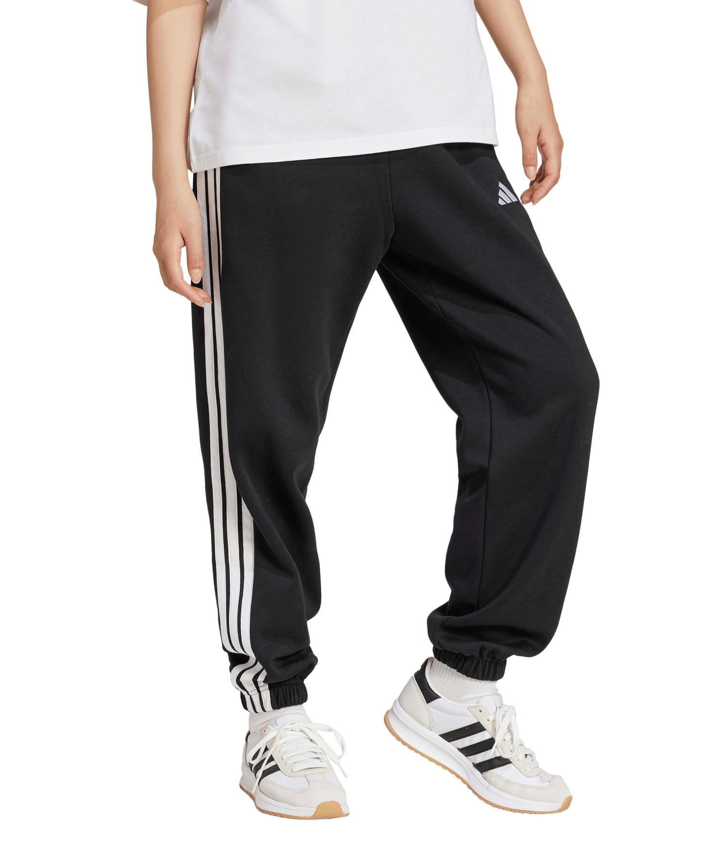adidas Women's Essentials 3-Stripes Pull-On Fleece Loose Pants - Black/White