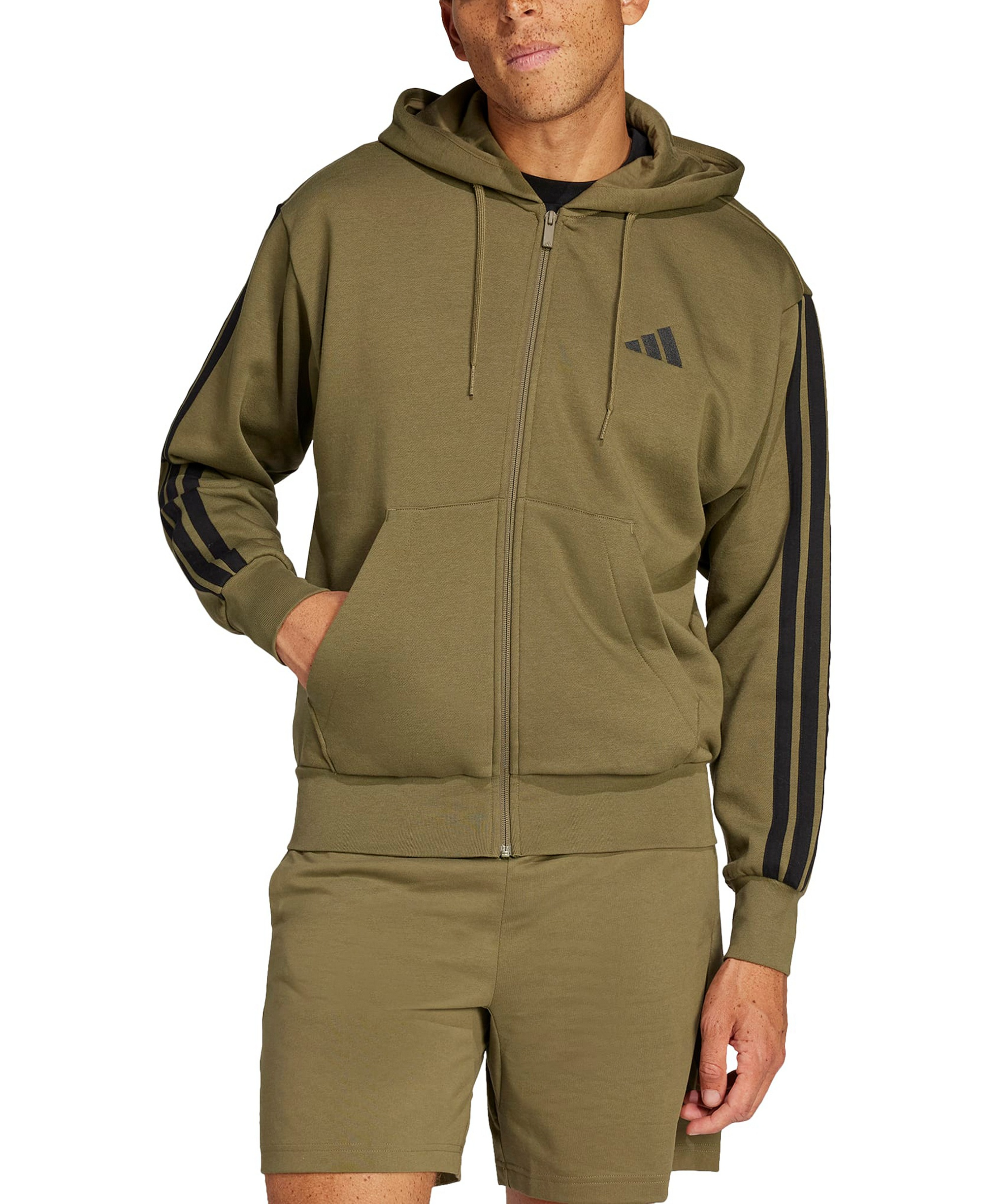 adidas Men's Regular-Fit 3-Stripes Full-Zip Fleece Hoodie - Olive Strata