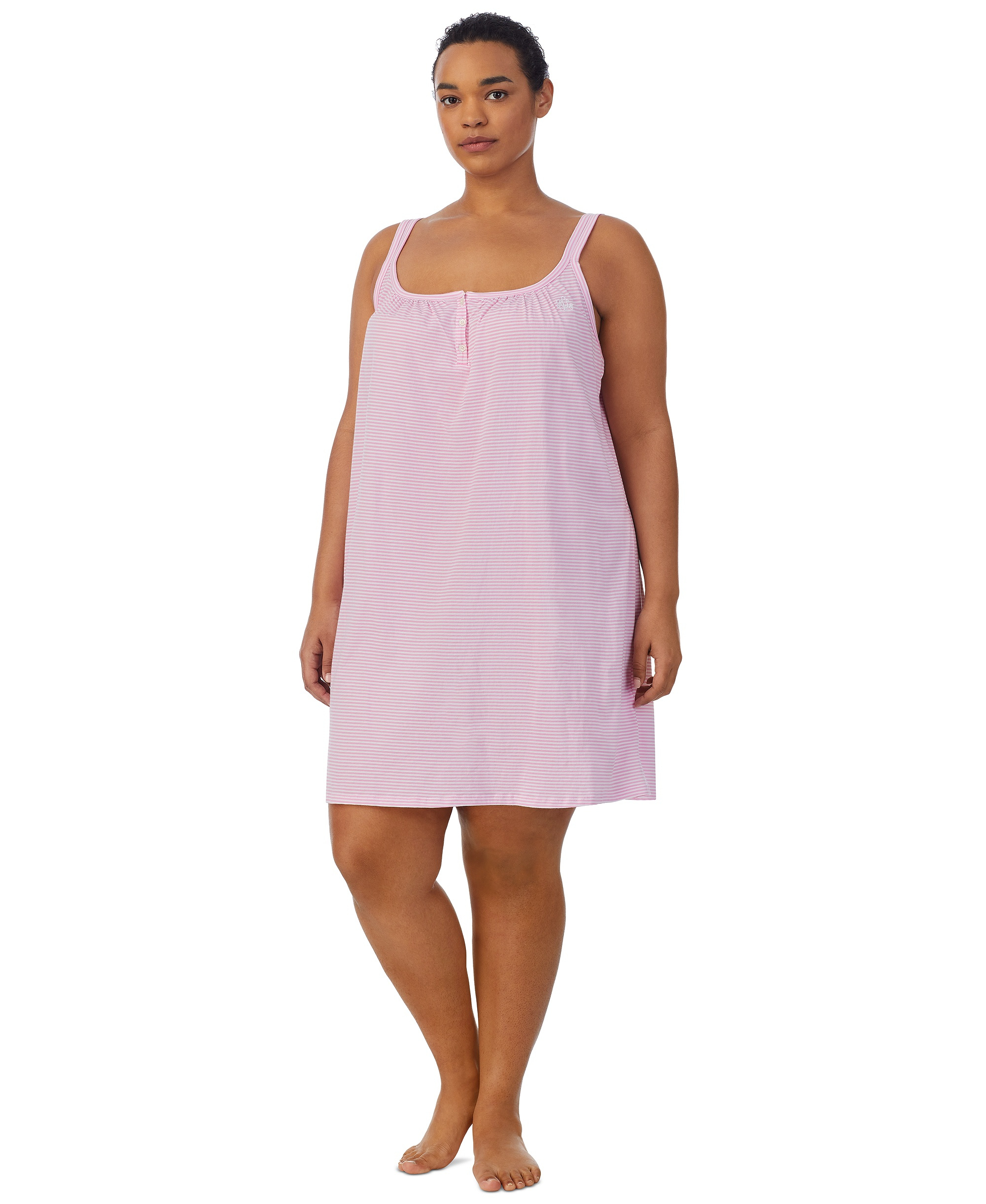 Lauren Ralph Lauren Cotton Knit Double-Strap Nightgown - Pink Stripe