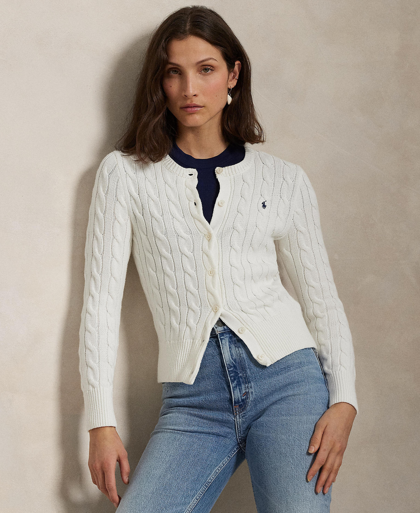 Polo Ralph Lauren Women's Cable-Knit Cotton Crewneck Cardigan Sweater - White