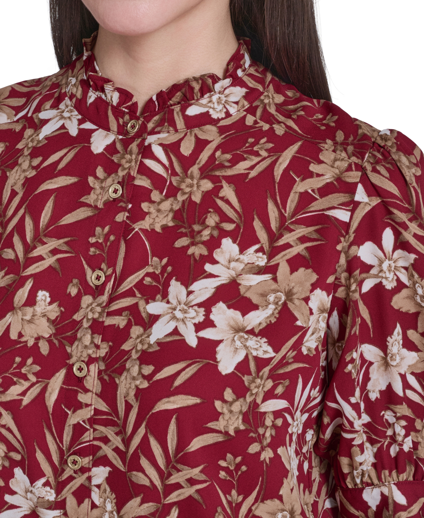 Tommy Hilfiger Women's Ruffle Puff-Sleeve Collared Shirt - Crimson/Tint