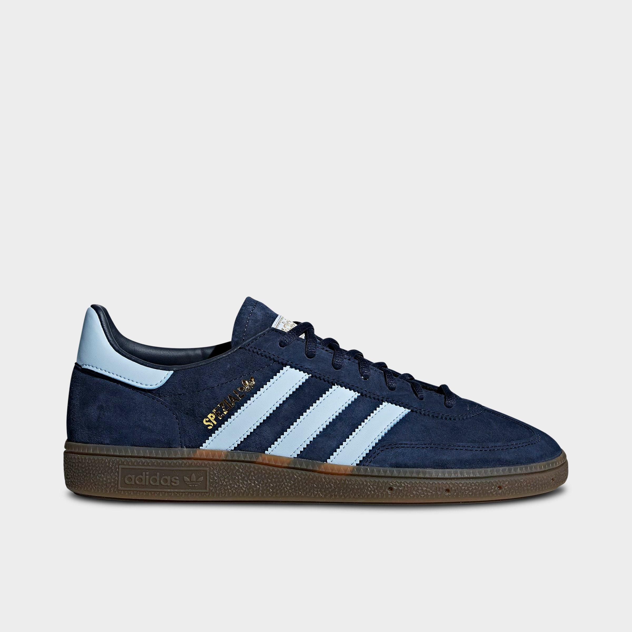 Men's adidas Originals Handball Spezial Casual Shoes - Part 4 - Collegiate Navy/Clear Sky/Gum - Left shoe facing left. Outside of the shoe.