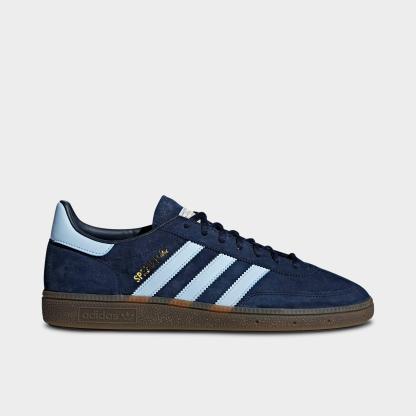 Men's adidas Originals Handball Spezial Casual Shoes - Part 4 - Collegiate Navy/Clear Sky/Gum - Left shoe facing left. Outside of the shoe.
