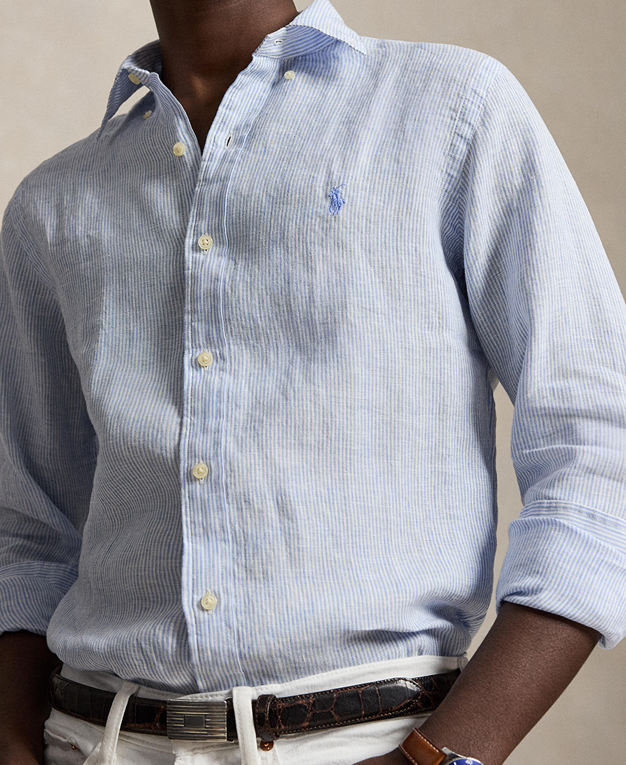 Polo Ralph Lauren Men's Striped Linen Classic-Fit Shirt - Cabana Blue/White
