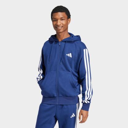 Men's adidas Essentials 3-Stripes Fleece Full-Zip Hoodie - Dark Blue/White