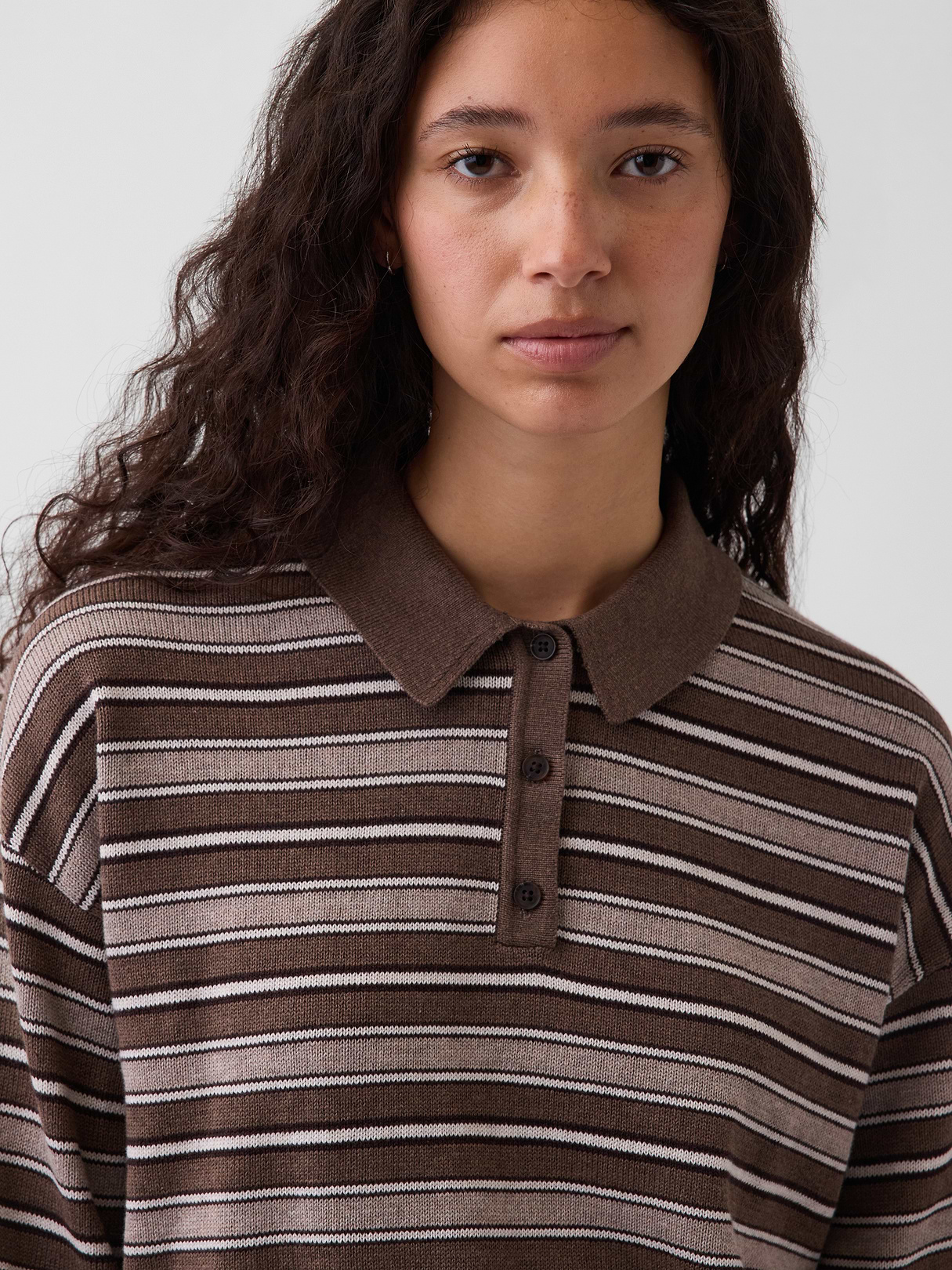 100% Cotton Relaxed Polo Sweater - Brown stripe