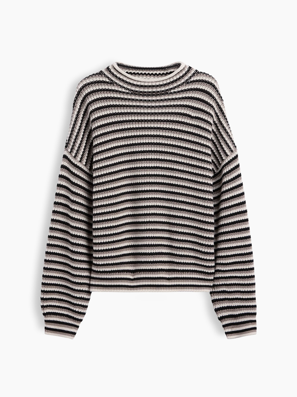 100% Cotton Oversized Rollneck Sweater - Black, grey, & off white stripe
