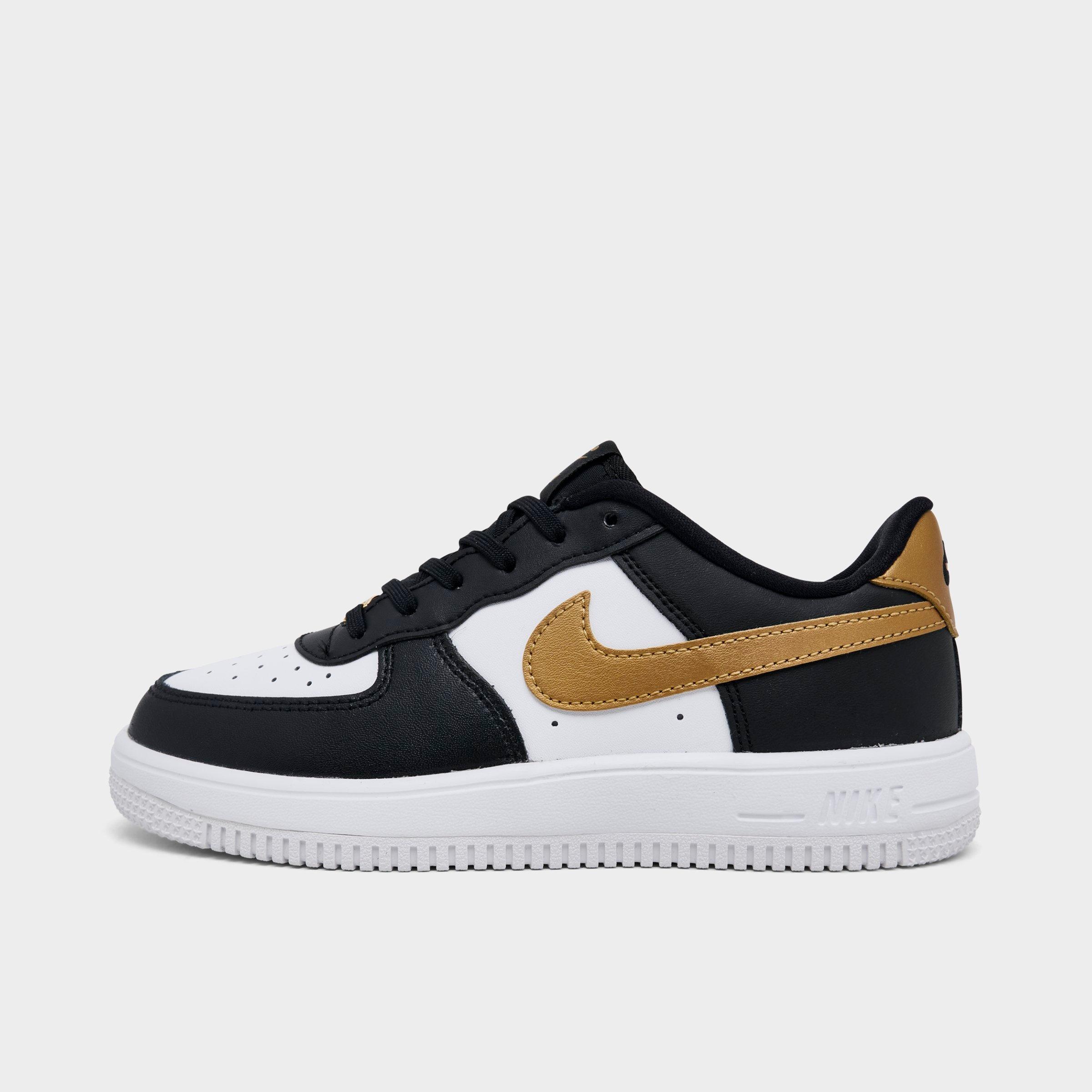 Little Kids' Nithtke Force 1 Casual Shoes - Part 1 - Black/Metallic Gold/White - Left shoe facing left. Outside of the shoe.