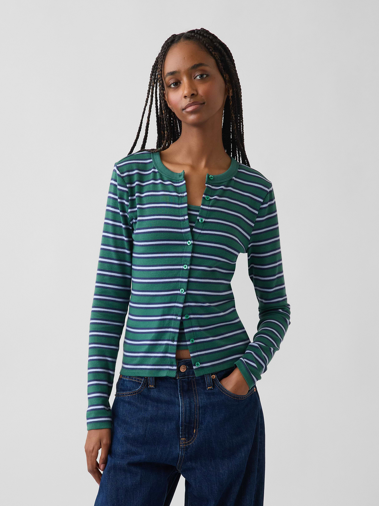 Modern Crewneck Cardigan - Green stripe