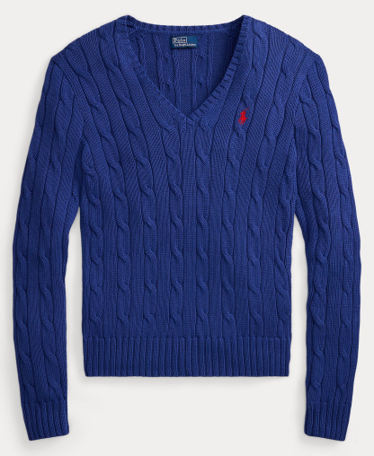 Polo Ralph Lauren Women's Cable-Knit Cotton V-Neck Sweater - Charter Blue