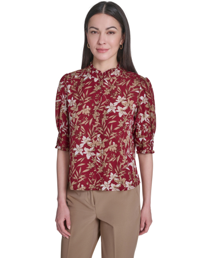 Tommy Hilfiger Women's Ruffle Puff-Sleeve Collared Shirt - Crimson/Tint