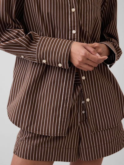 Organic Cotton Poplin Stripe Big Shirt - Brown & off white stripe