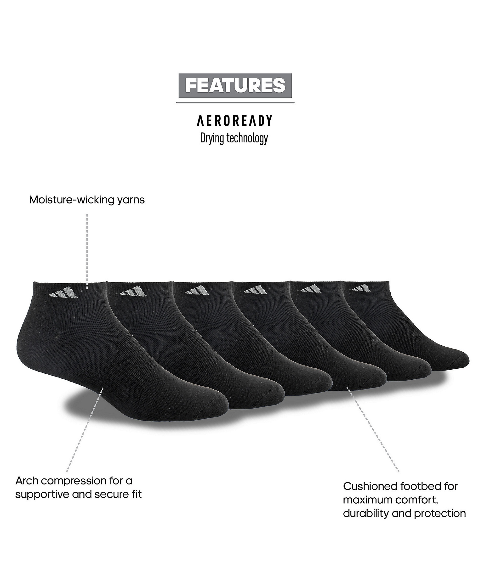 adidas Men's Cushioned Athletic 6-Pack Low Cut Socks - Black