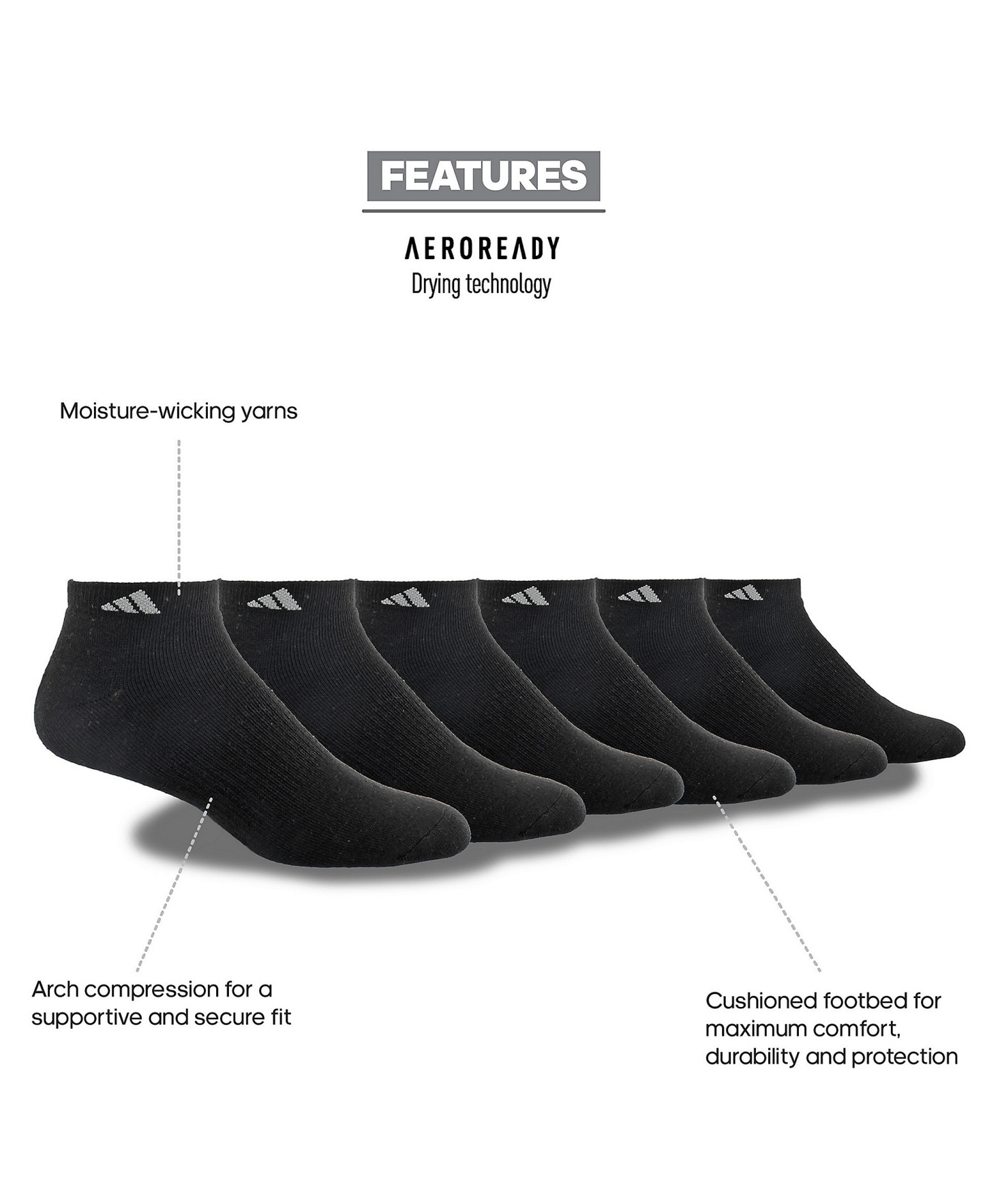 adidas Men's Cushioned Athletic 6-Pack Low Cut Socks - Black