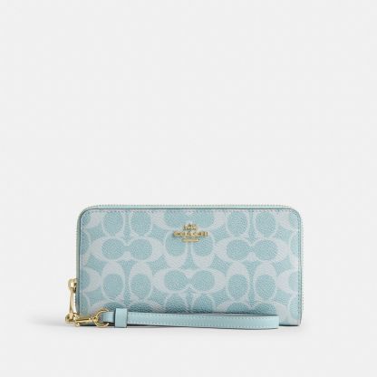 Long Zip Around Wallet In Signature Canvas - Gold/Light Blue