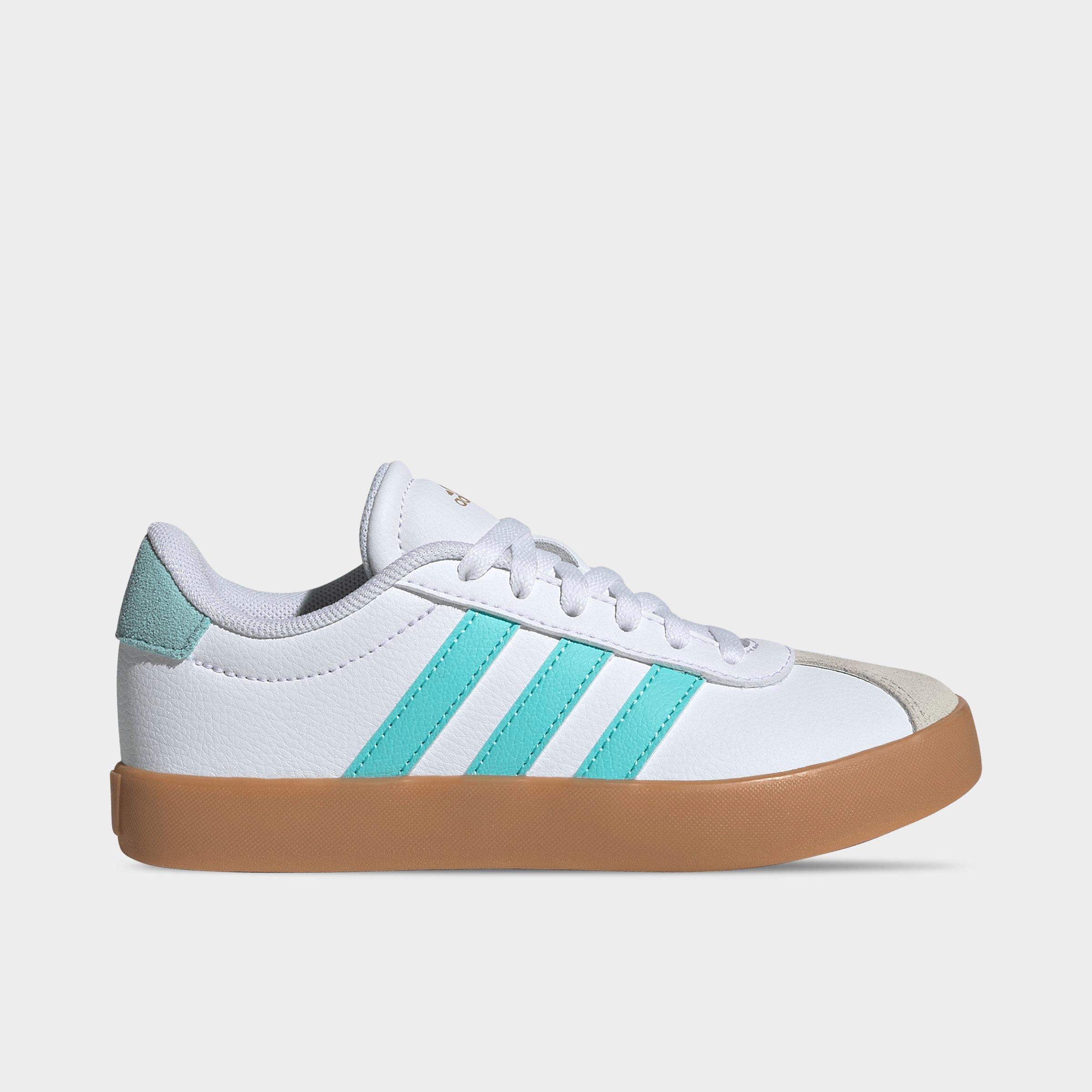 Big Kids' adidas VL Court 3.0 Skateboarding Casual Shoes - Cloud White/Flash Aqua/Alumina - Left shoe facing left. Outside of the shoe.