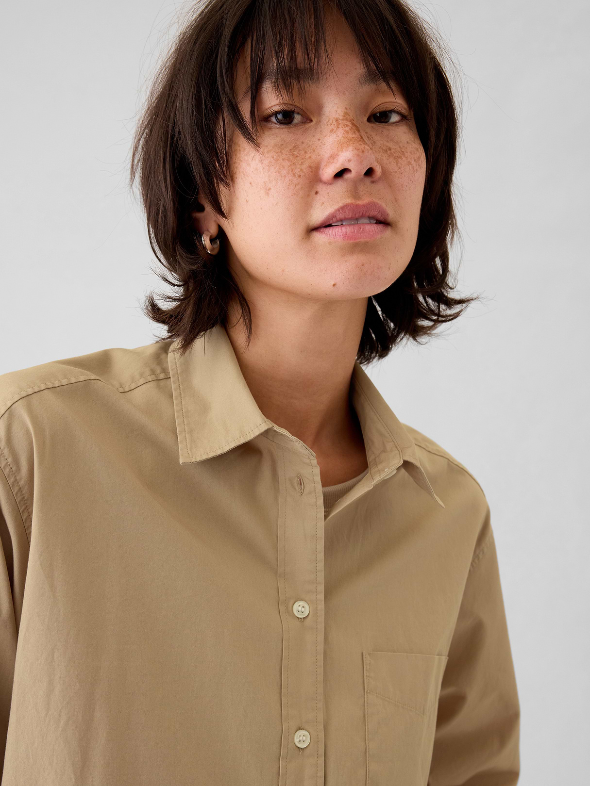 Organic Cotton Poplin Stripe Big Shirt - khaki tan